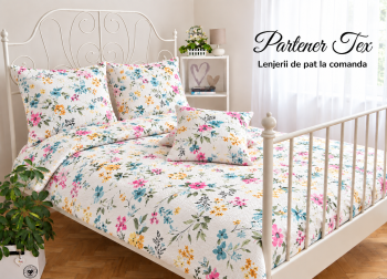 Lenjerie de pat bumbac Ranforce creponat- Flori de camp turcoaz 