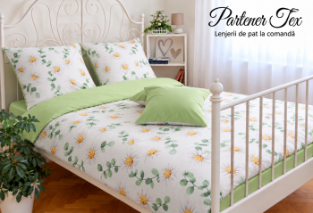 Lenjerie de pat bumbac Ranforce - Margarete si eucalipt pe alb combinat cu verde fistic