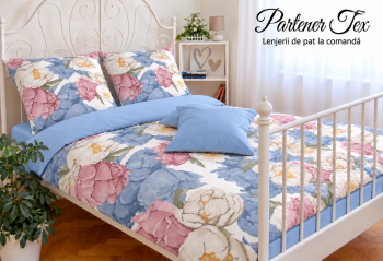 Lenjerie de pat bumbac Ranforce - Bujori roz-bleu cu bleu inchis