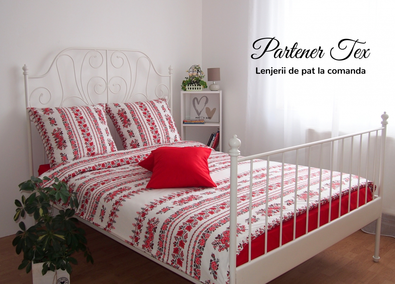 Lenjerie de pat bumbac Ranforce - Brauri cu motive traditionale rosii