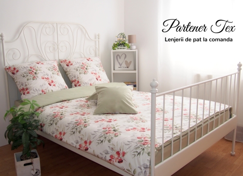 Lenjerie de pat bumbac Ranforce - Crengute olive-grena combinat cu verde olive