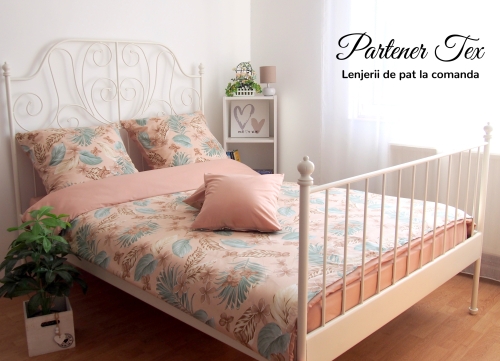 Lenjerie de pat bumbac Ranforce - Tropical bej-verde combinat cu bej inchis