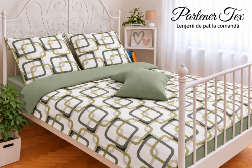Lenjerie de pat bumbac Ranforce - Contur verde pe alb combinat cu verde eucalipt