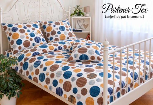 Lenjerie de pat bumbac Ranforce creponat - Buline maro-turcoaz