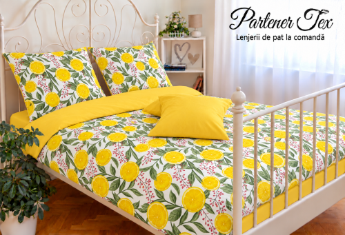 Lenjerie de pat bumbac Ranforce - Lamai pe alb combinat cu galben banan
