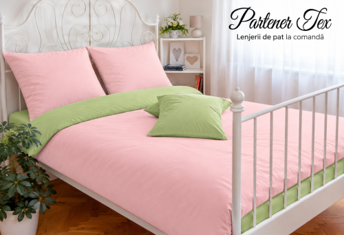 Lenjerie de pat bumbac Ranforce - Roz ceai cu verde fistic