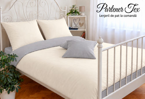 Lenjerie de pat bumbac Ranforce - Crem unt cu gri piatra