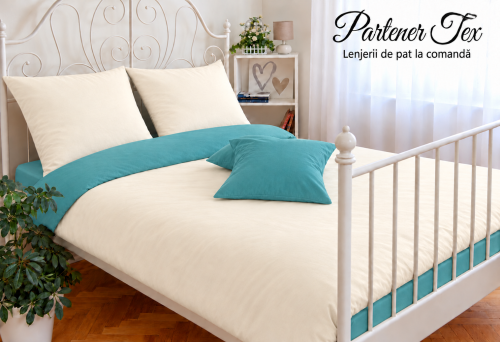 Lenjerie de pat bumbac Ranforce - Crem unt cu verde turcoaz