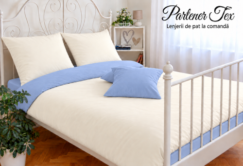 Lenjerie de pat bumbac Ranforce - Crem unt cu bleu denim