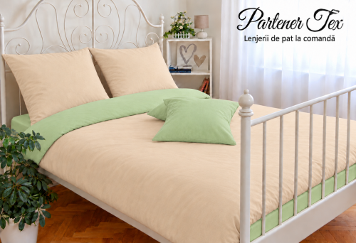 Lenjerie de pat bumbac Ranforce - Bej deschis cu verde fistic