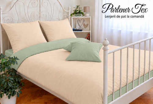 Lenjerie de pat bumbac Ranforce - Bej deschis cu verde salvie