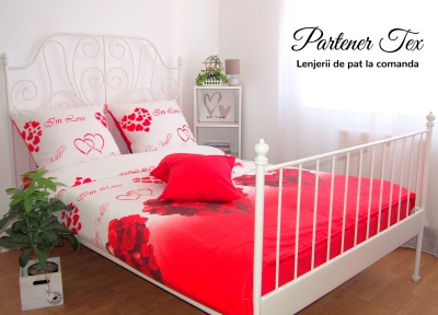 Lenjerie de pat bumbac Ranforce - I love you pe alb cu rosu