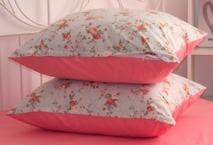 Lenjerie de pat bumbac Ranforce - Buchetele somon pe azur cu roz inchis