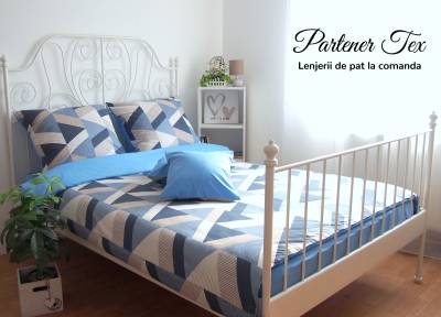 Lenjerie de pat bumbac Ranforce - Forme geometrice bej-bleo combinat cu bleo inchis
