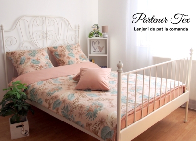 Lenjerie de pat bumbac Ranforce - Tropical bej-verde combinat cu bej inchis