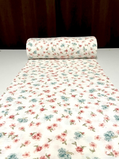 Lenjerie de pat bumbac Ranforce creponat- Flori roz bleu