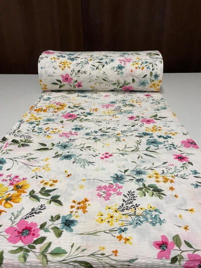 Lenjerie de pat bumbac Ranforce creponat - Flori de camp turcoaz