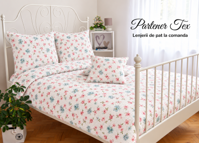 Lenjerie de pat bumbac Ranforce creponat- Flori roz bleu