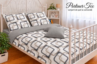 Lenjerie de pat bumbac Ranforce - Contur gri pe alb combinat cu gri piatra