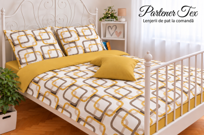 Lenjerie de pat bumbac Ranforce - Contur bej pe alb combinat cu ocru
