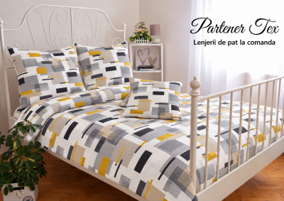 Lenjerie de pat bumbac Ranforce creponat - Modern gri-mustar