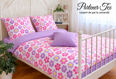 Lenjerie de pat bumbac Ranforce - Margarete roz-mov combinat cu mov