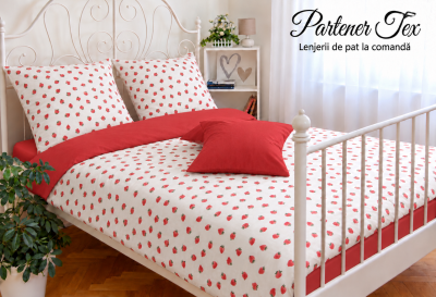 Lenjerie de pat bumbac Ranforce - Capsuni pe alb