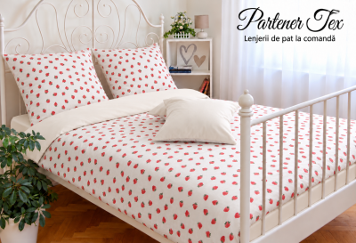 Lenjerie de pat bumbac Ranforce - Capsuni pe alb