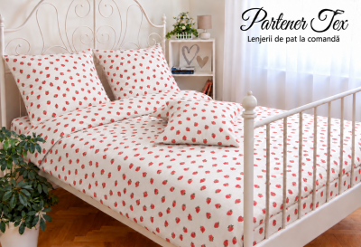 Lenjerie de pat bumbac Ranforce - Capsuni pe alb