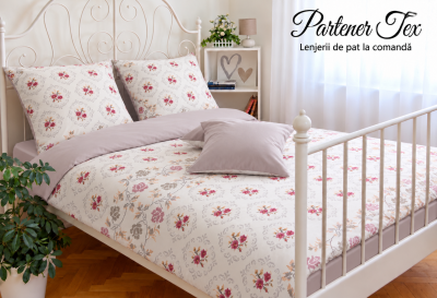 Lenjerie de pat bumbac Ranforce - Motive traditionale pe crem combinat cu gri nisip