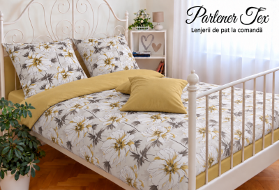 Lenjerie de pat bumbac Ranforce - Flori creionate cu ocru 