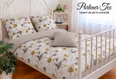 Lenjerie de pat bumbac Ranforce - Flori creionate cu ocru 
