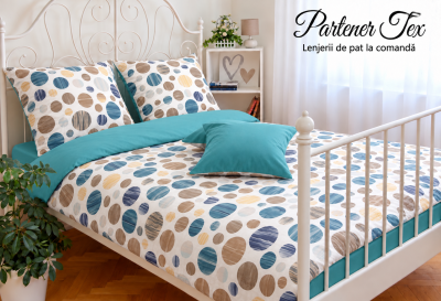 Lenjerie de pat bumbac Ranforce - Buline maro-turcoaz combinat cu verde laguna