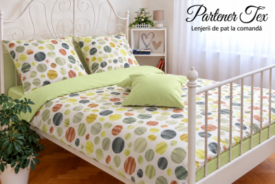 Lenjerie de pat bumbac Ranforce - Buline verzi pe alb combinat cu verde jad