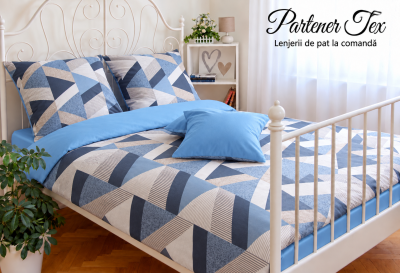 Lenjerie de pat bumbac Ranforce - Forme geometrice bej-bleo combinat cu bleo inchis