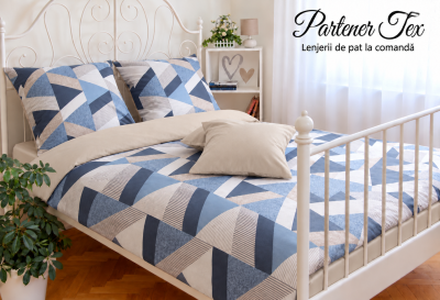 Lenjerie de pat bumbac Ranforce - Forme geometrice bej-bleo combinat cu bleo inchis