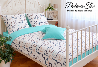 Lenjerie de pat bumbac Ranforce - Labirint turcoaz bej combinat cu verde turcoaz
