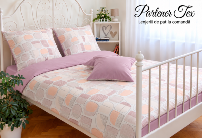 Lenjerie de pat bumbac Ranforce - Figuri abstracte bej perlat cu mov perlat deschis