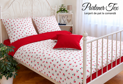 Lenjerie de pat bumbac Ranforce - Cirese pe alb combinat cu rosu