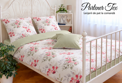 Lenjerie de pat bumbac Ranforce - Crengute olive-grena combinat cu verde olive