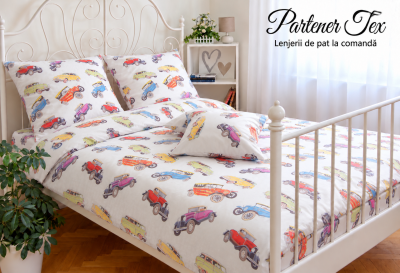 Lenjerie de pat bumbac Ranforce - Masinute vintage pe alb