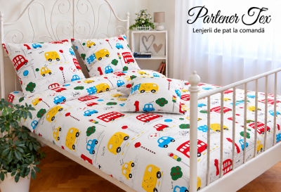 Lenjerie de pat bumbac Ranforce - Masinute colorate pe alb