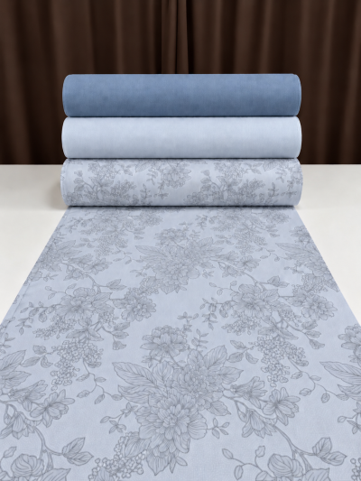 Lenjerie de pat bumbac Ranforce - Tapet floral pe bleu combinat cu bleu deschis