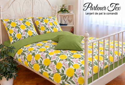 Lenjerie de pat bumbac Ranforce - Lamai pe alb combinat cu galben banan
