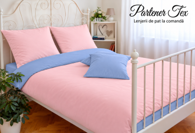 Lenjerie de pat bumbac Ranforce - Roz ceai cu bleu denim