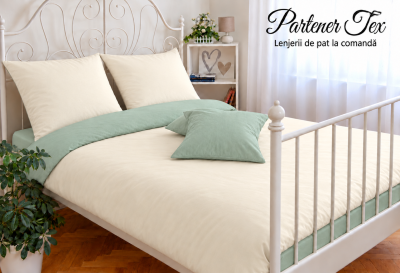 Lenjerie de pat bumbac Ranforce - Crem unt cu verde salvie