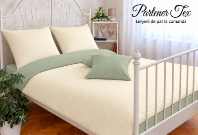 Lenjerie de pat bumbac Ranforce - Crem unt cu verde eucalipt