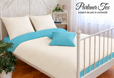 Lenjerie de pat bumbac Ranforce - Crem unt cu albastru turcoaz