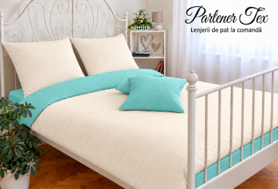 Lenjerie de pat bumbac Ranforce - Crem unt cu verde turcoaz