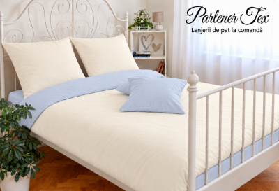 Lenjerie de pat bumbac Ranforce - Crem unt cu bleu deschis